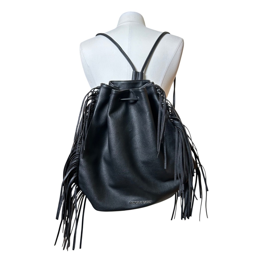 Victoria's Secret Black‎ Fringe Drawstring Backpack Pebbled Faux Leather Bag